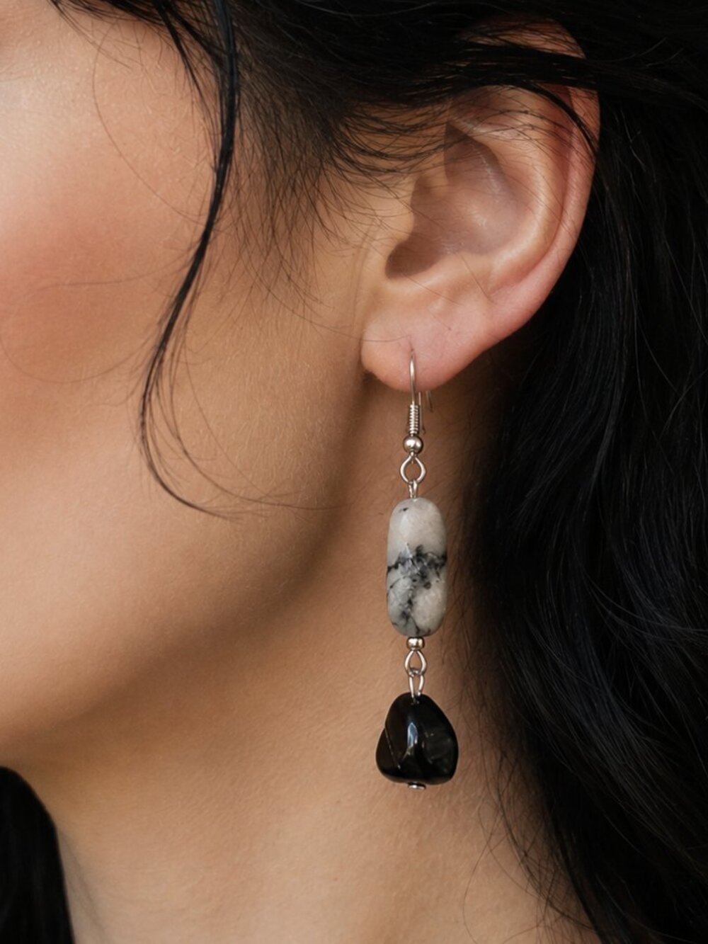 Grey Picasso Jasper & Black Jasper Stone Earrings, Stainless Steel Hooks